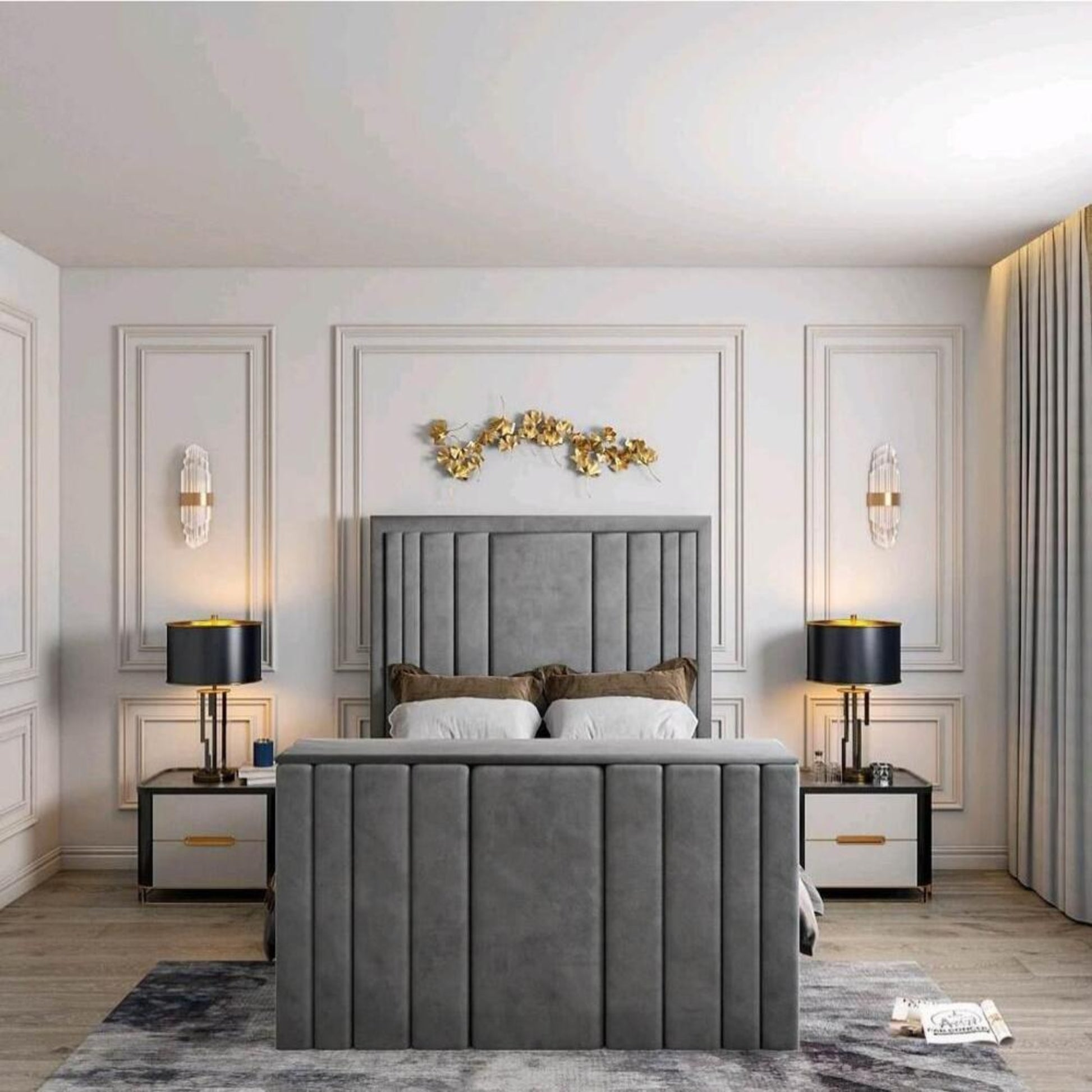 Modern bedroom with gray upholstered 2025 lily TV bed, elegant paneling, and matching nightstands.