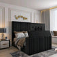Luxurious 2025 lily TV bed with black upholstery in a stylish modern bedroom with gold accents and elegant paneling.