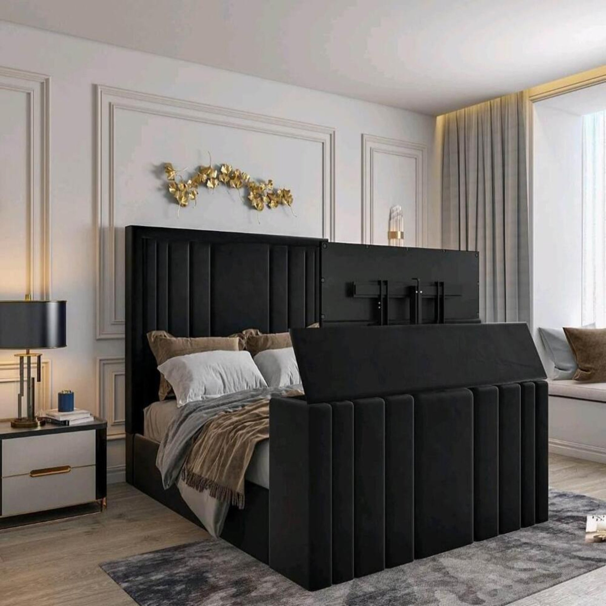Luxurious 2025 lily TV bed with black upholstery in a stylish modern bedroom with gold accents and elegant paneling.