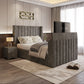 Bedroom with gray 2025 Lynza TV Bed, pillows, and geometric wall paneling.