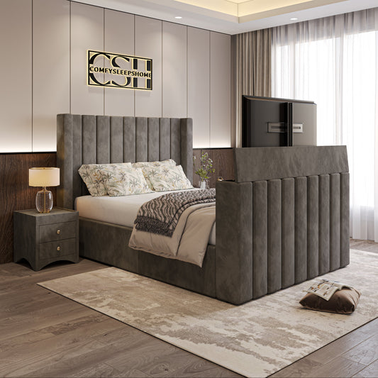 Bedroom with gray 2025 Lynza TV Bed, pillows, and geometric wall paneling.