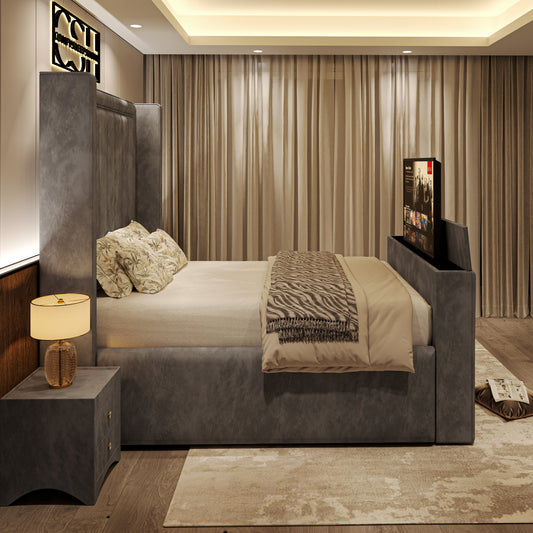 Luxurious bedroom featuring the 2025 The Astoria TV Bed with built-in TV, elegant grey upholstery, and modern decor.