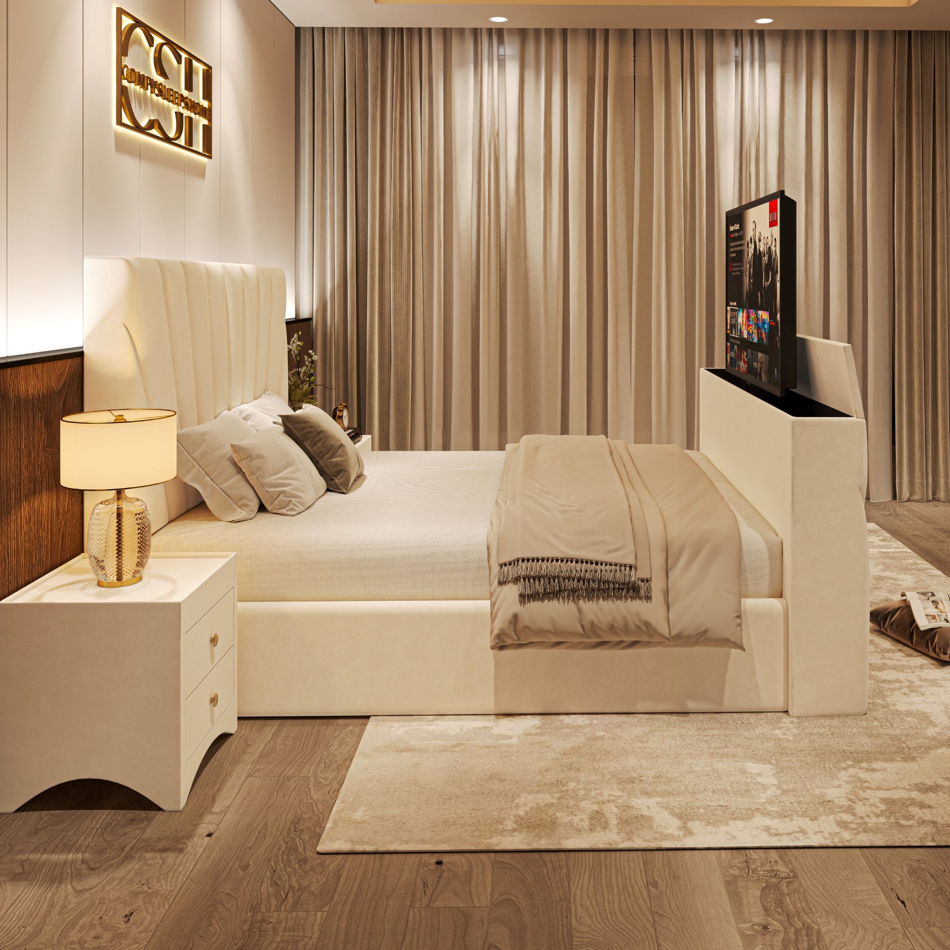 Modern 2025 Lynza TV Bed with sleek upholstered frame, hidden pop-up TV feature, and natural light-filled bedroom setting.