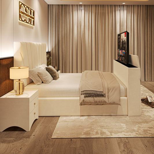 Modern 2025 Lynza TV Bed with sleek upholstered frame, hidden pop-up TV feature, and natural light-filled bedroom setting.