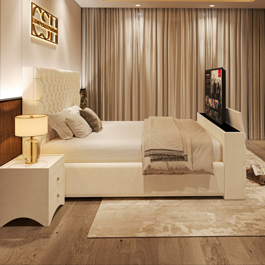 A luxurious bedroom featuring the 2025 Chiswick TV Bed with a cream quilted finish, built-in TV, and a sleek, modern design.