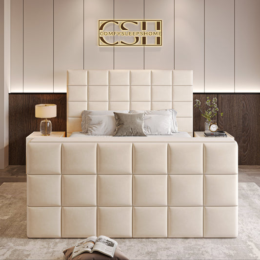 Modern bedroom with a beige grid-patterned 2025_The Cubix TV Bed, pillows, elegant lamp in a minimalist setting.