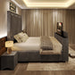 Stylish 2025 Zenith TV Bed in dark grey suede with built-in footboard TV lift, modern lighting, and cozy bedroom ambiance.