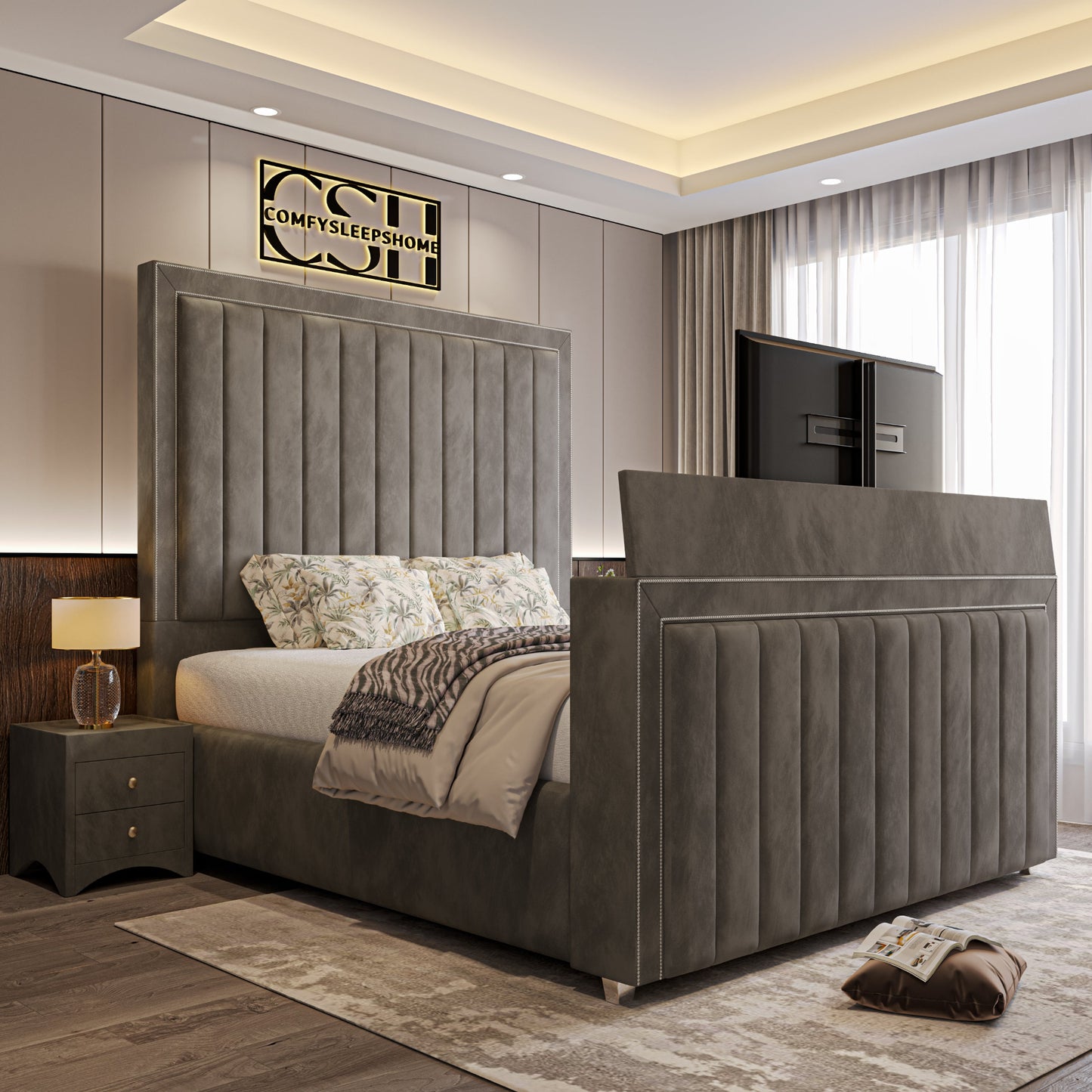 Modern bedroom with a grey panel bed and TV integrated into the footboard. 2025 The Zenith TV Bed.