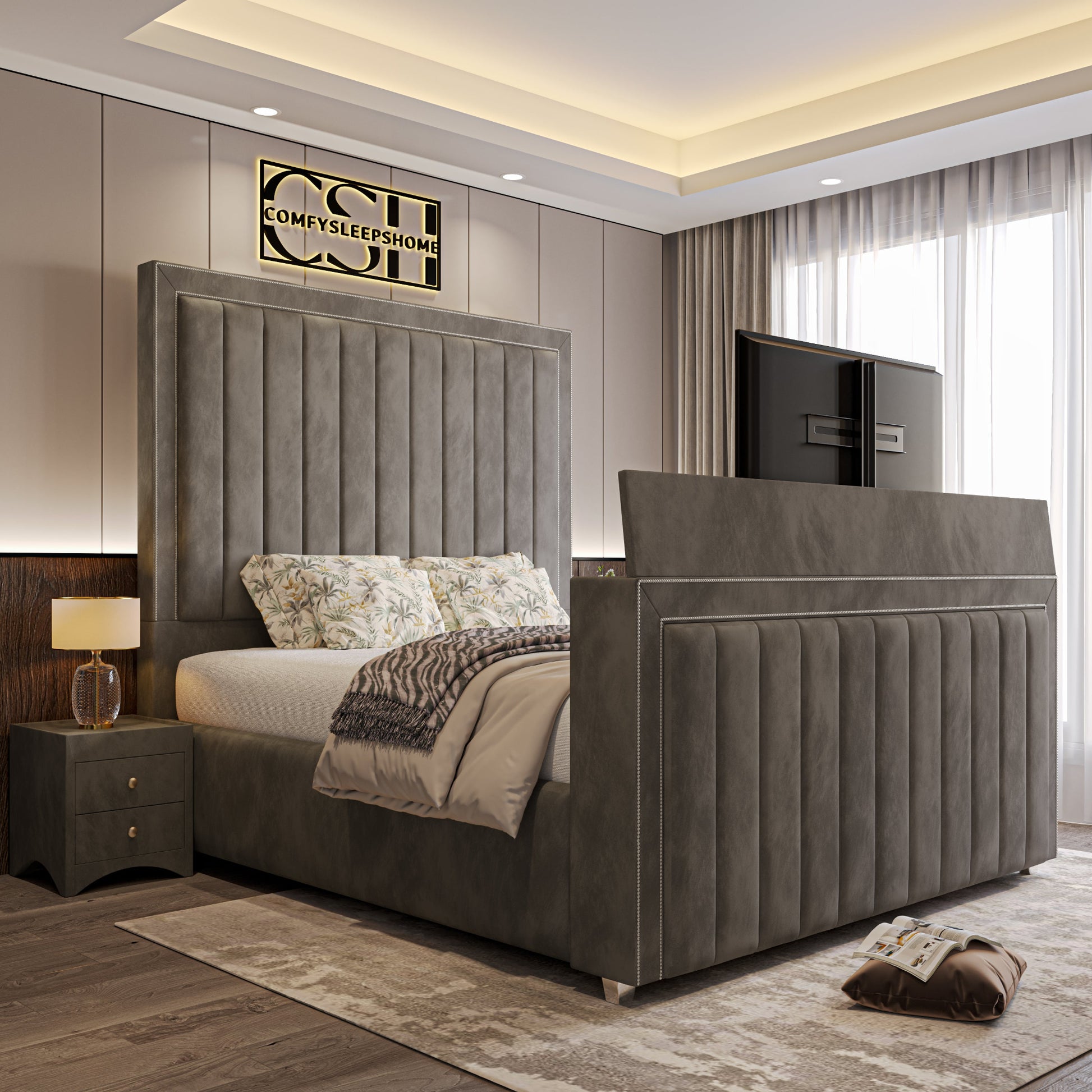 Modern bedroom with a grey panel bed and TV integrated into the footboard. 2025 The Zenith TV Bed.