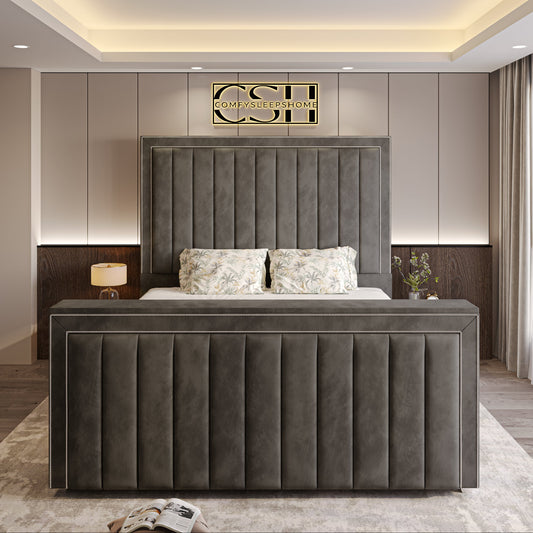 Modern bedroom featuring a central upholstered bed, 2025 The Zenith TV bed, pendant chandelier, and decorative elements.