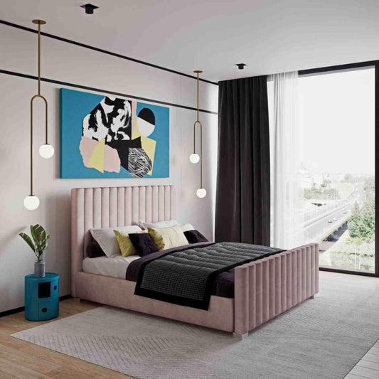 Modern bedroom with pink tufted 2025 Venice panel bed, pendant lights, abstract art, turquoise nightstand, large window.