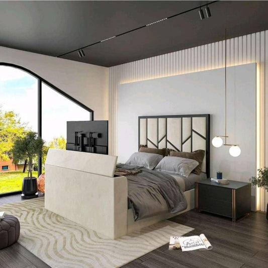 Modern bedroom with 2025 zig zag TV bed, geometric headboard, and natural light from an arched window.