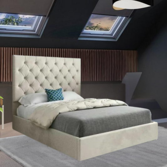 A modern bedroom with a beige upholstered bed and tall tufted headboard, skylight windows, and wooden slat accent wall.