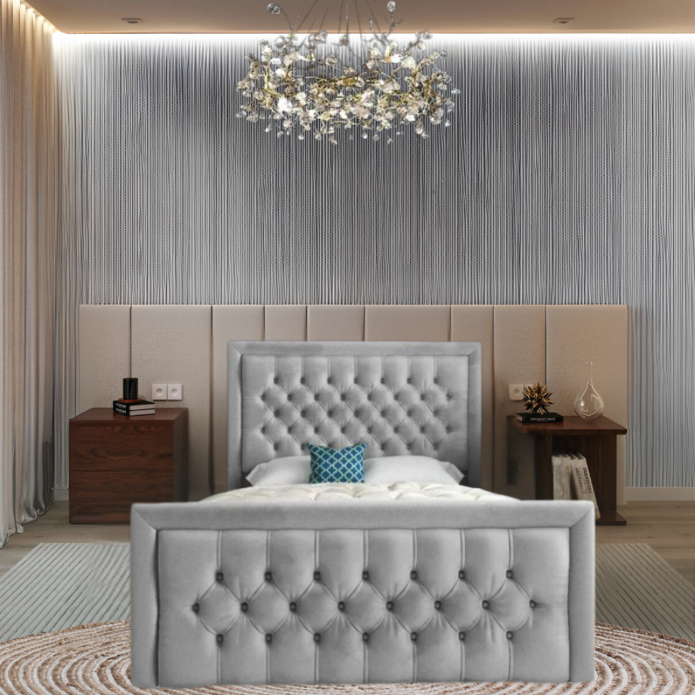 Modern bedroom with a tufted bed, elegant chandelier, and wooden nightstands.