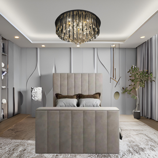 Modern bedroom with a central bed, chandelier, and geometric wall patterns.