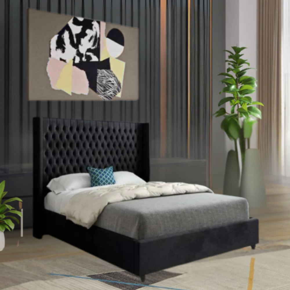 Modern bedroom with a bed, abstract painting, and a tall plant.
