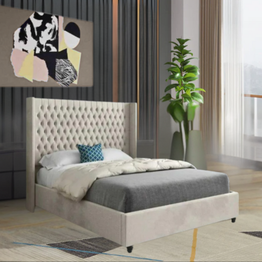 Modern bedroom with a tufted bed, abstract wall art, and a potted plant by the window.